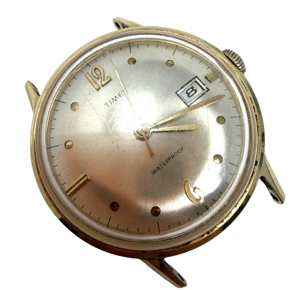 Vintage Timex Waterproof Date Watch Gold Tone 33mm Mens Wristwatch Parts Repair main image 8